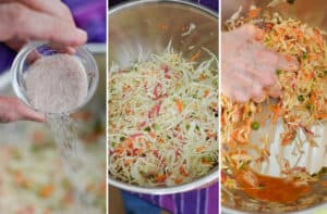  Recette de choucroute à la kimchi - Saupoudrer le chou de légumes préparés de sel et bien mélanger pour former votre saumure. | makesauerkraut.com