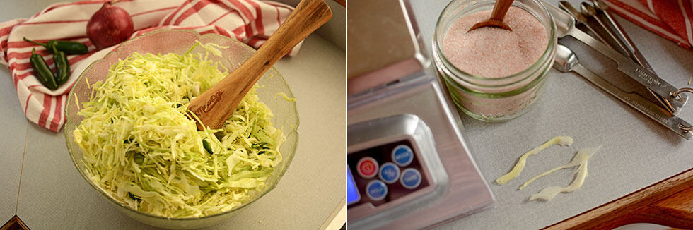 Two images side-by-side, left image showing bowl of sliced cabbages and wooden tamper, right image showing jar with pink Himalayan salt with wooden spoon inside, metal measuring spoon at the side and the MyWeigh KD-8000 at the left. | MakeSauerkraut.com