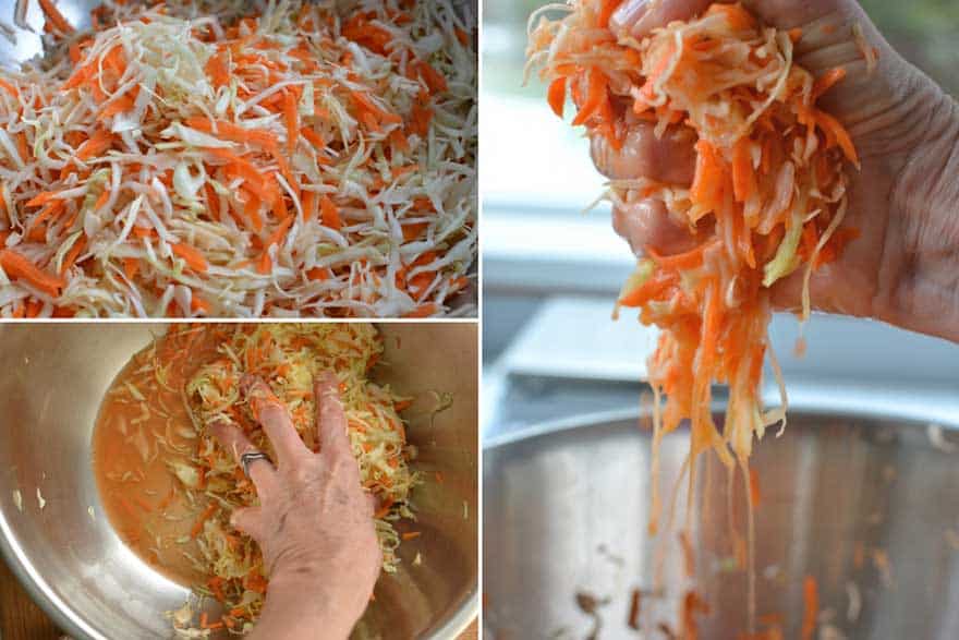 Massage cabbage with strong hands until good sized puddle of brine. | MakeSauerkraut.com