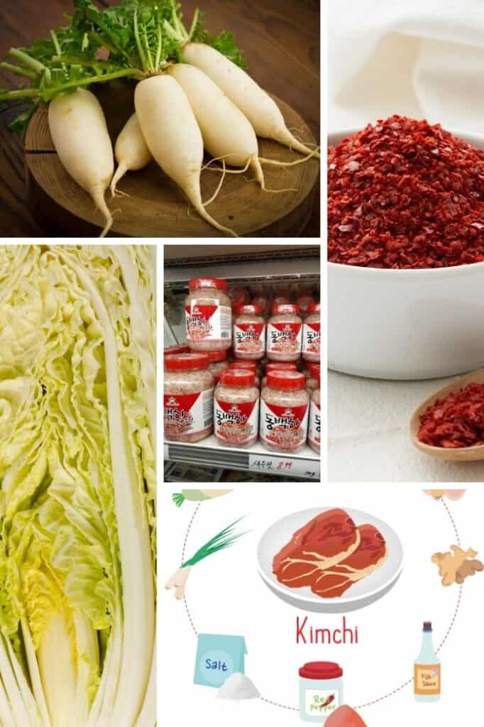 Stocking your kimchi pantry: napa cabbage, garlic, ginger, fish sauce, gochugaru, salt, onions, radish. | MakeSauerkraut.com